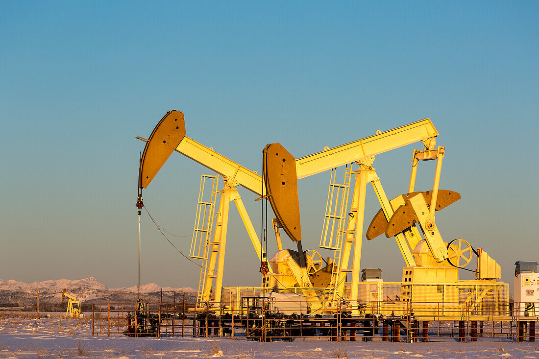 Close-up of pumpjacks with the warm light at sunrise, snow-covered mountains and blue sky in the background, West of Airdrie; Alberta, Canada