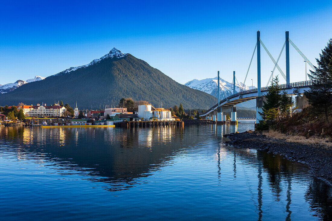 John O'Connell bridge and the town of Sitka in winter; Sitka, Alaska, United States of America