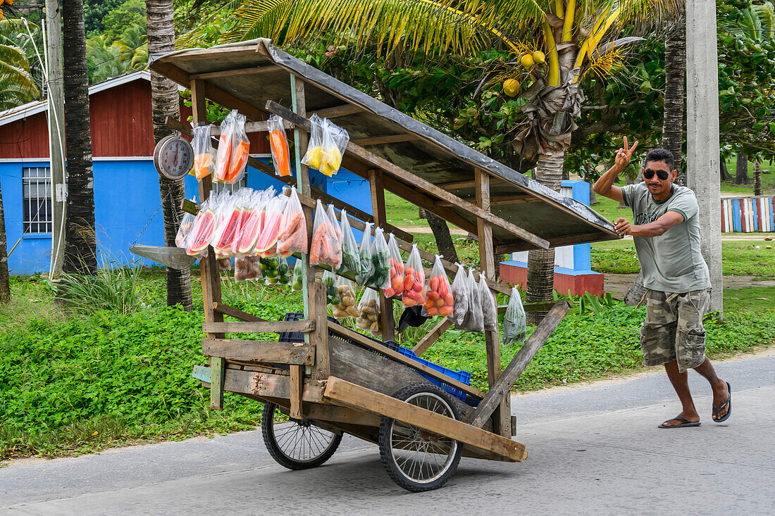 Mann verkauft Pakete mit frischen Produkten auf der Straße; Roatan, Bay Islands Department, Honduras