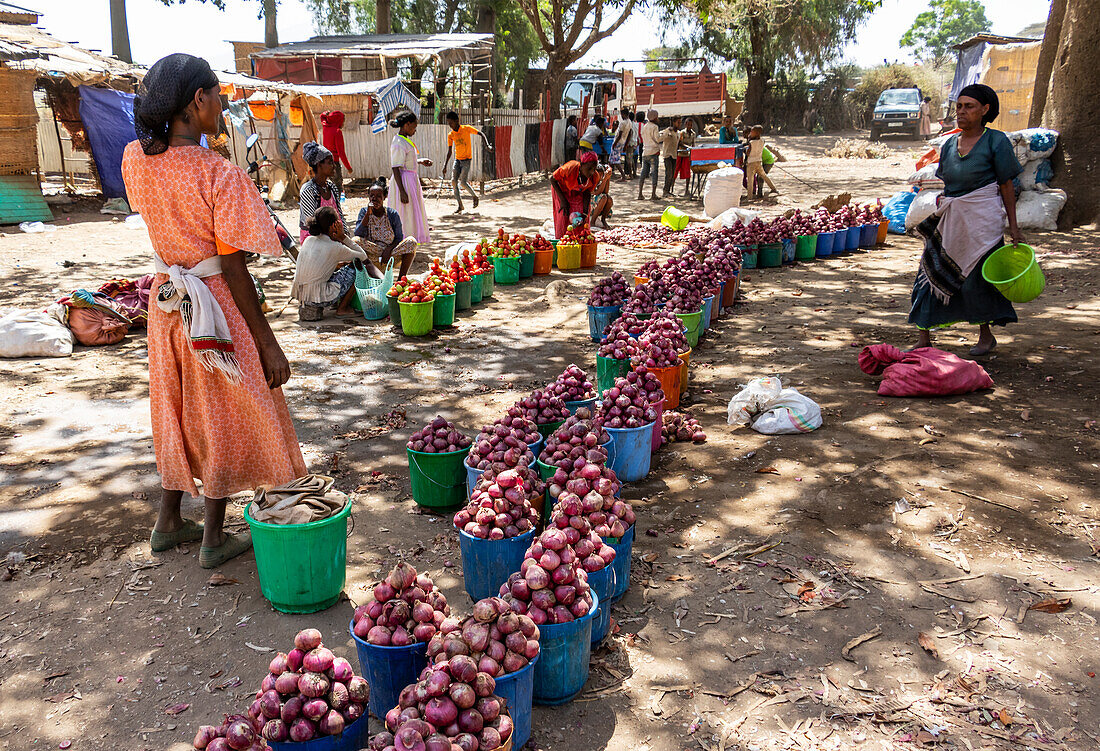 Frauen verkaufen Zwiebeln, Koka-Reservoir (Gelila-See); Region Oromia, Äthiopien
