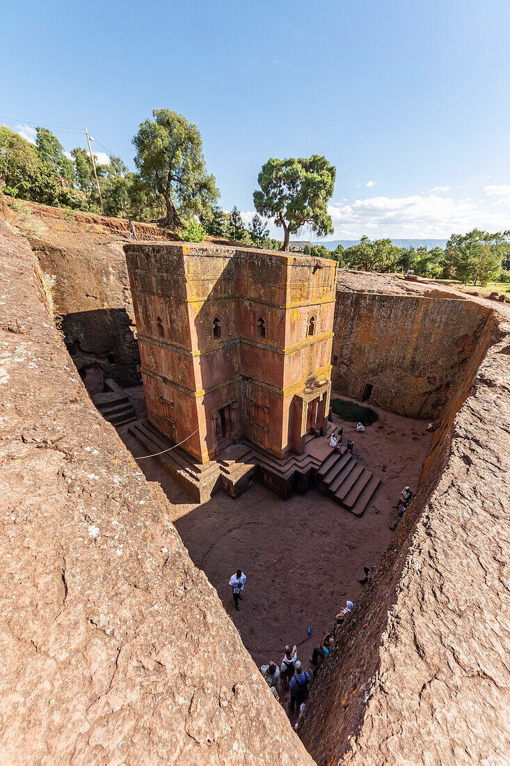 Biete Ghiorgis (House of Saint George) Ethiopian Orthodox underground monolith rock-cut church, Rock-Hewn Churches; Lalibela, Amhara Region, Ethiopia