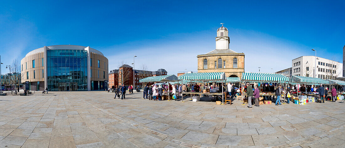 Open air market in a town square; South Shields, Tyne and Wear, England