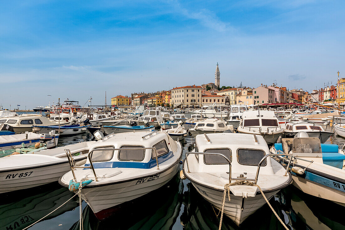 Rovinj harbour with its picturesque Venetian style facades; Rovinj, Croatia