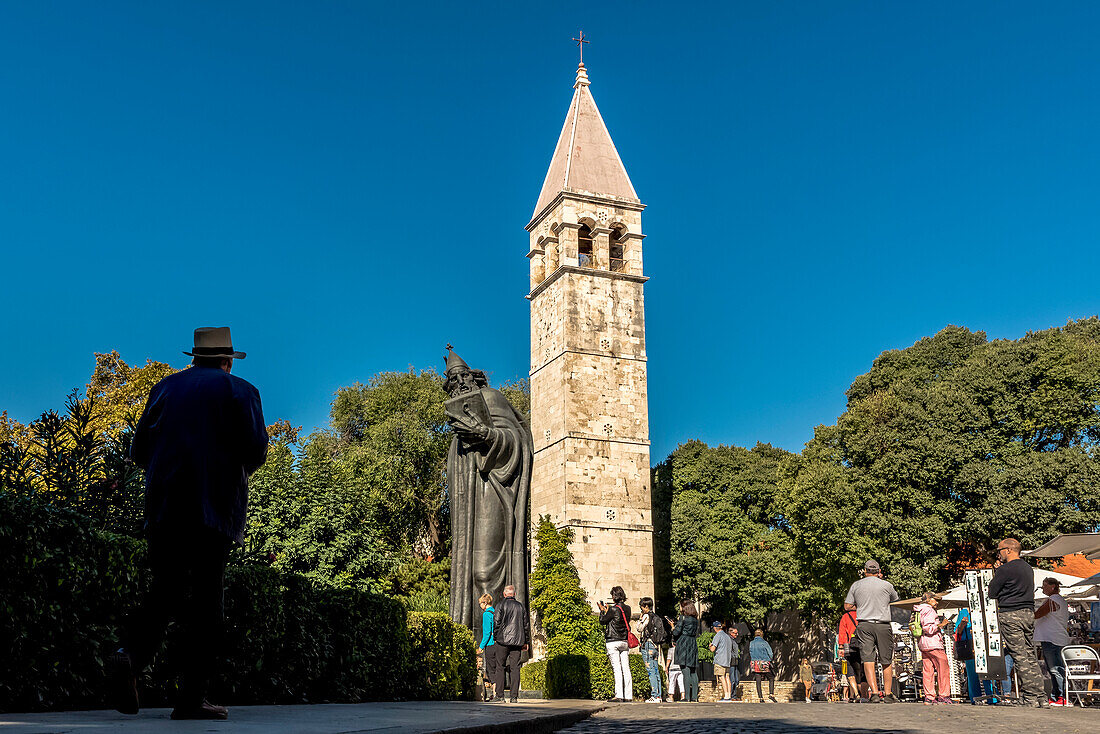 Statue of Gregory of Nin by Ivan Mestrovic in front of the Benedictine Monastery tower; Split, Croatia