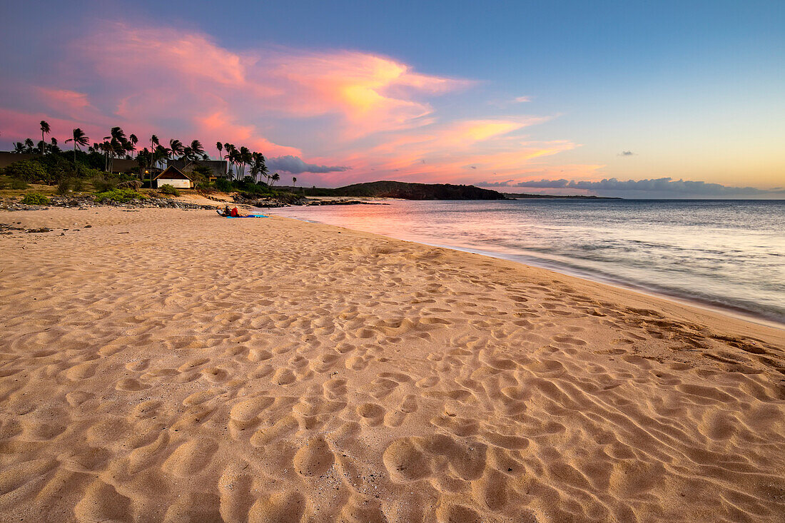 Ein ruhiger Sandstrand und Palmen am Kepuhi Beach am westlichen Ende der Insel Molokai; Molokai, Hawaii, Vereinigte Staaten von Amerika