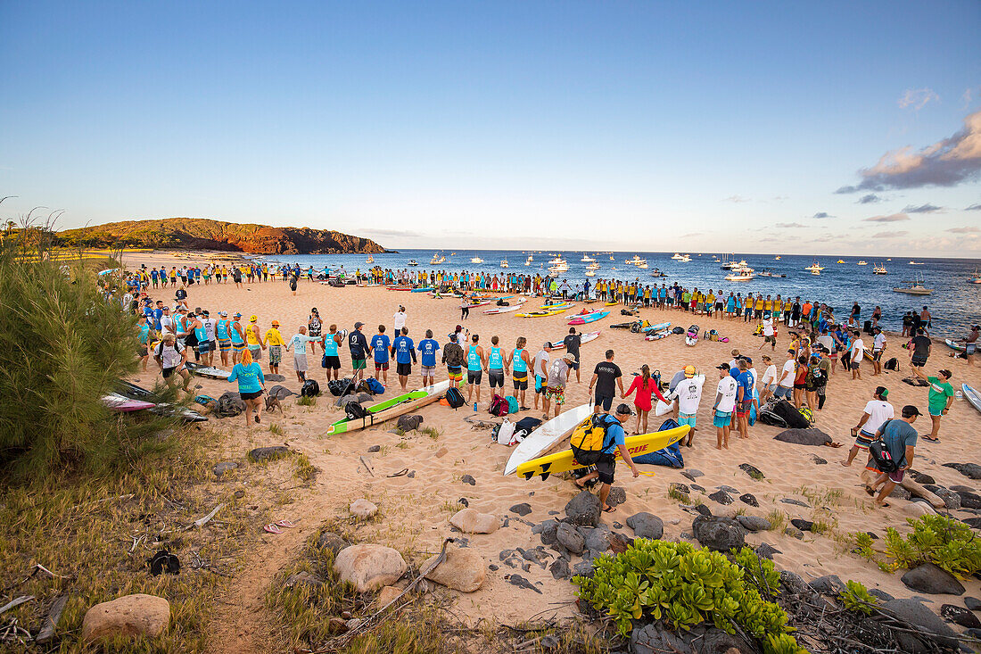 The morning blessing on the beach before the 21st Annual Molokai to Oahu Paddleboard World Championships on Sunday, July 30, 2017, Kepuhi Beach; Kaluakoi, Molokai, Hawaii, United States of America