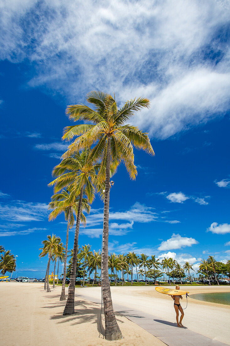 Eine Reihe von Palmen und ein junges Mädchen im Bikini mit Surfbrett, das an der Duke Kahanamoku Lagune vorbei zum Kahanamoku Strand geht; Oahu, Hawaii, Vereinigte Staaten von Amerika