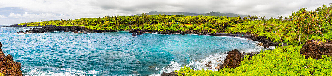 Eight photographs were combined for this panorama image of the black sand beach at Waianapanapa State Park; Hana, Maui, Hawaii, United States of America