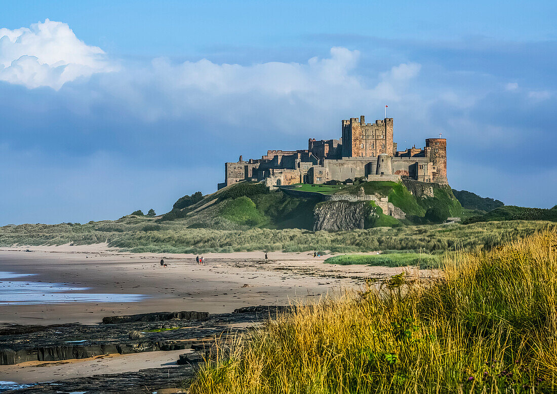 Bamburgh Castle bei Ebbe mit Blick auf die felsige Küste; Bamburgh, Northumberland, England