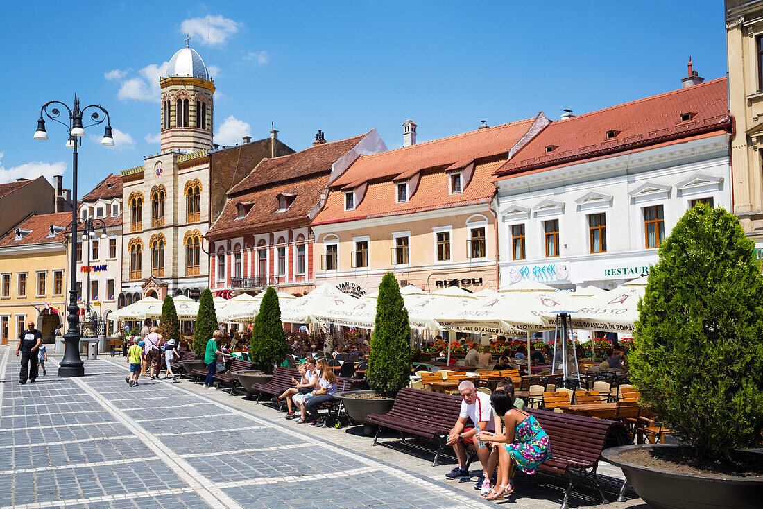 Outdoor restaurants in Council Square; Brasov, Transylvania Region, Romania