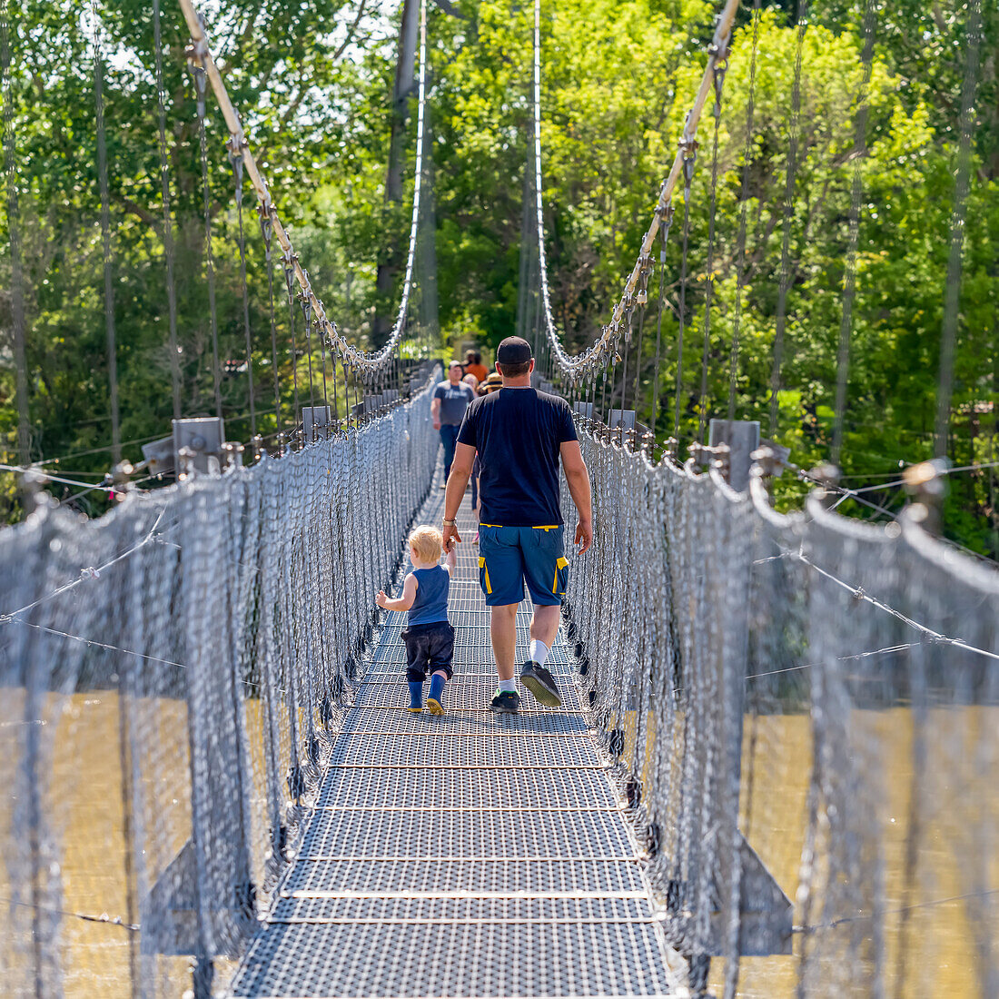 Star Mine Suspension Bridge, a 117 metre long pedestrian suspension bridge across the Red Deer River; Drumheller, Alberta, Canada