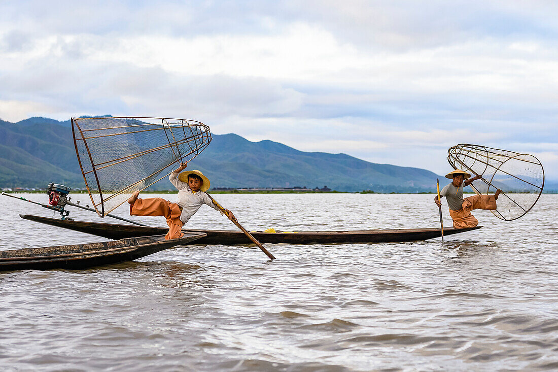 Traditional fishing in Inle Lake; Yawngshwe, Shan State, Myanmar