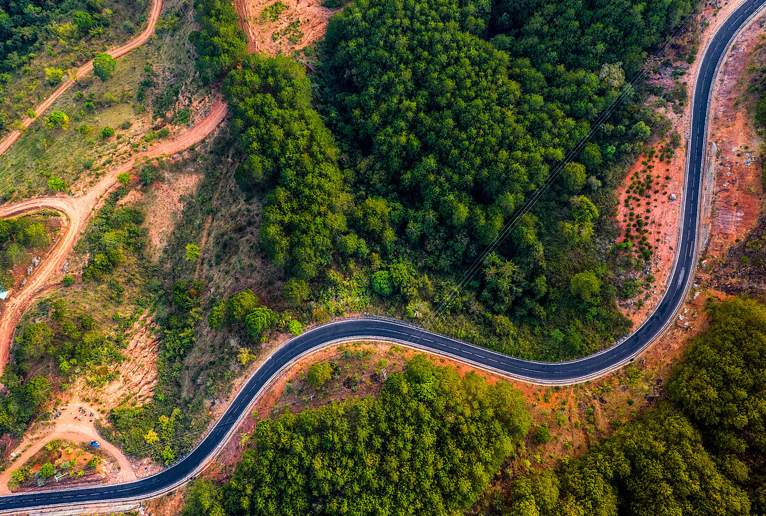 Drone view of Da Lat Road; Da Lat, Lam Dong Province, Vietnam