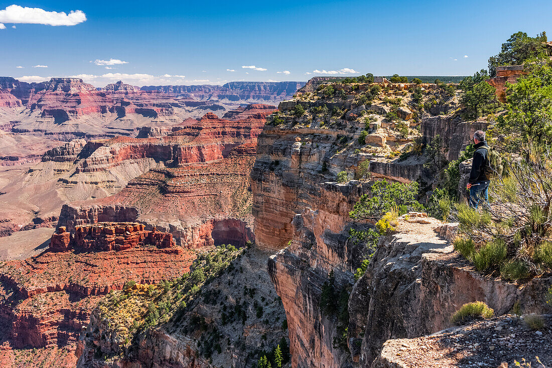 Tourist near the edge taking in the views of the Grand Canyon from Mohave Point with a glimpse of the Colorado River and Powell Point in the distance, South Rim; Arizona, United States of America