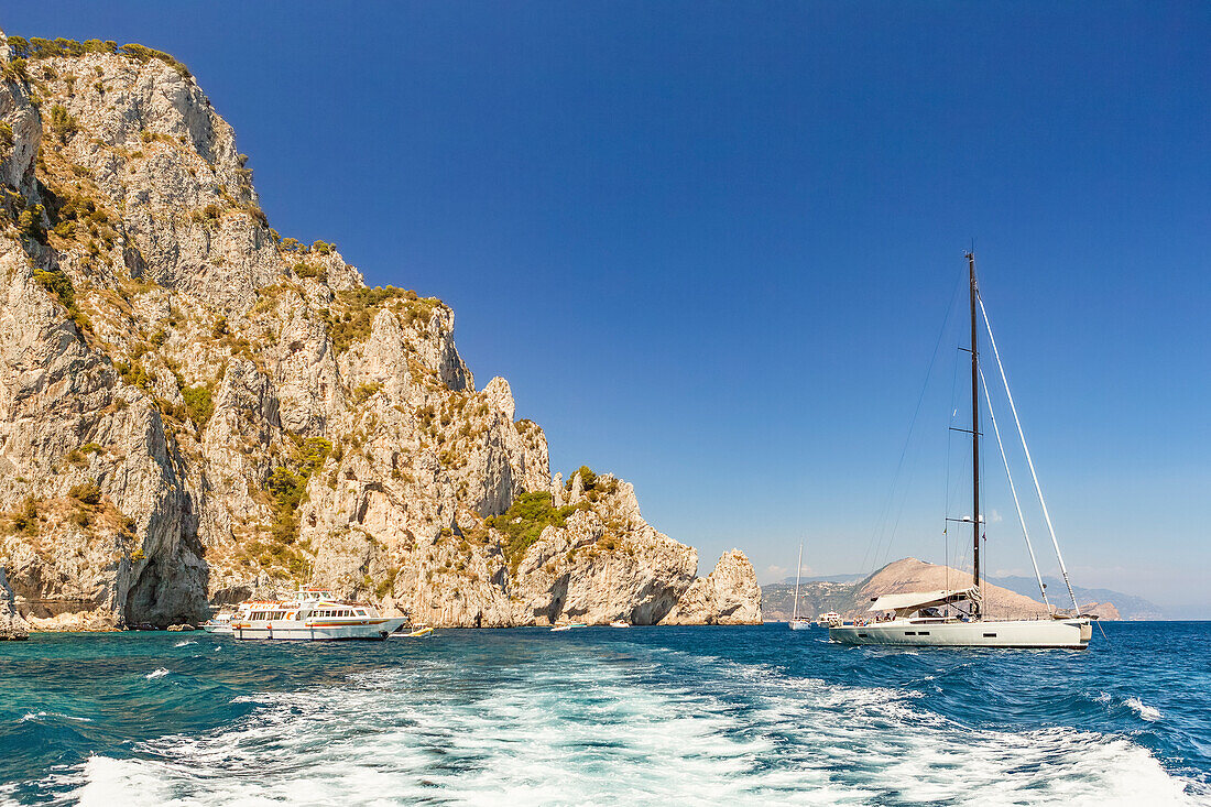Rocky coastline of the Island of Capri on the Tyrrhenian Sea, Mediterranean; Capri, italy