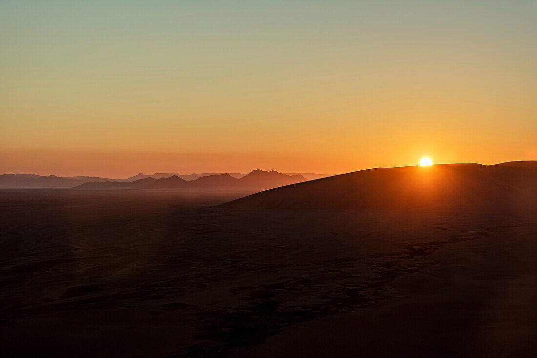 View from Dune 45 at sunrise, Sossusvlei, Namib Desert; Namibia