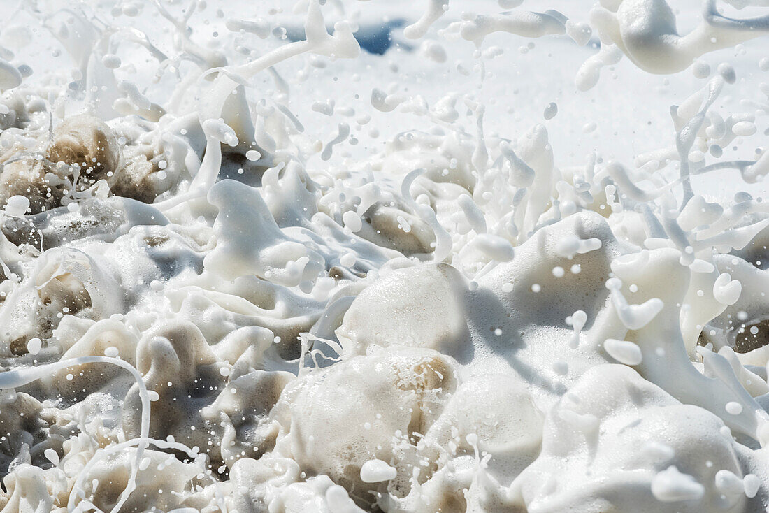 Close-up of beach foam created by waves crashing into a rocky shore at Wilder Ranch State Park; California, United States of America