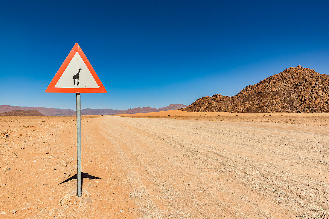 Schild "Achtung Wildtiere" an einer langen Trockenstraße, Namib-Wüste, Namib-Naukluft-Nationalpark; Namibia