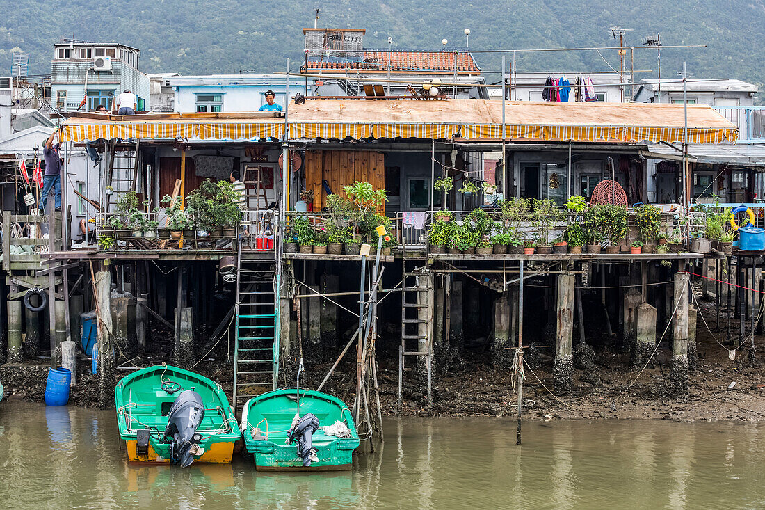 Waterside houses in Tai O fishing village; Hong Kong, China