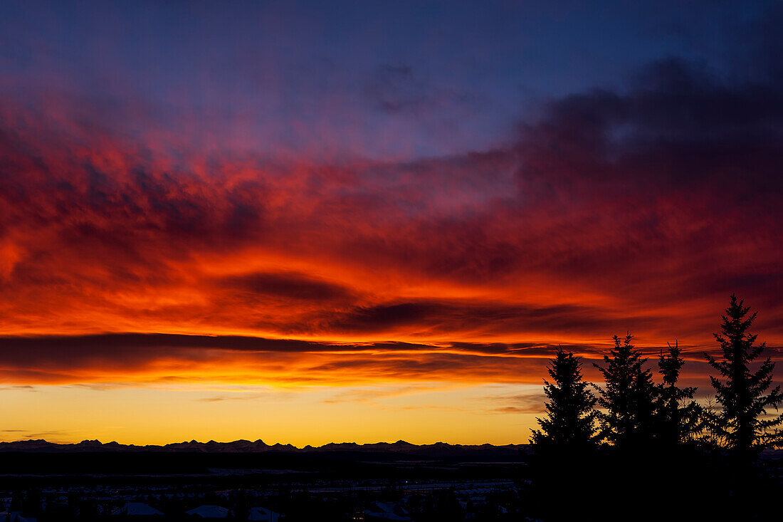 Dramatischer farbenfroher Himmel/Wolken bei Sonnenuntergang mit Baumsilhouette und Bergkette im Hintergrund; Calgary, Alberta, Kanada