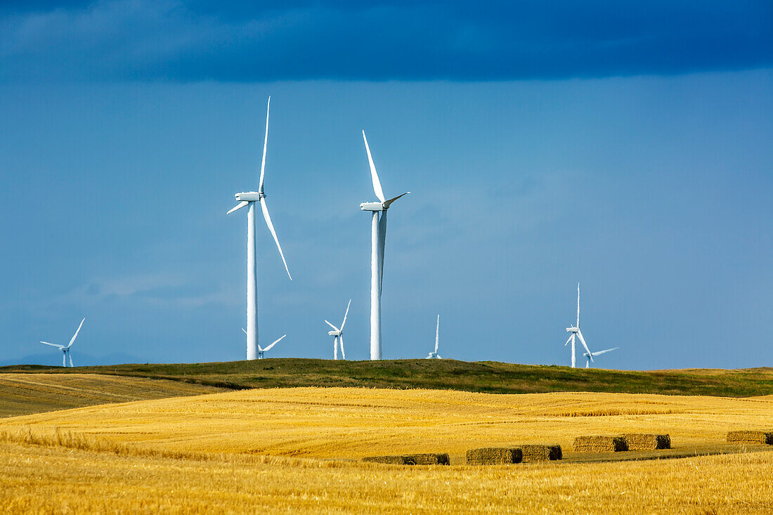 Large metal wind turbines on rolling hills with blue sky, North of Waterton; Alberta, Canada