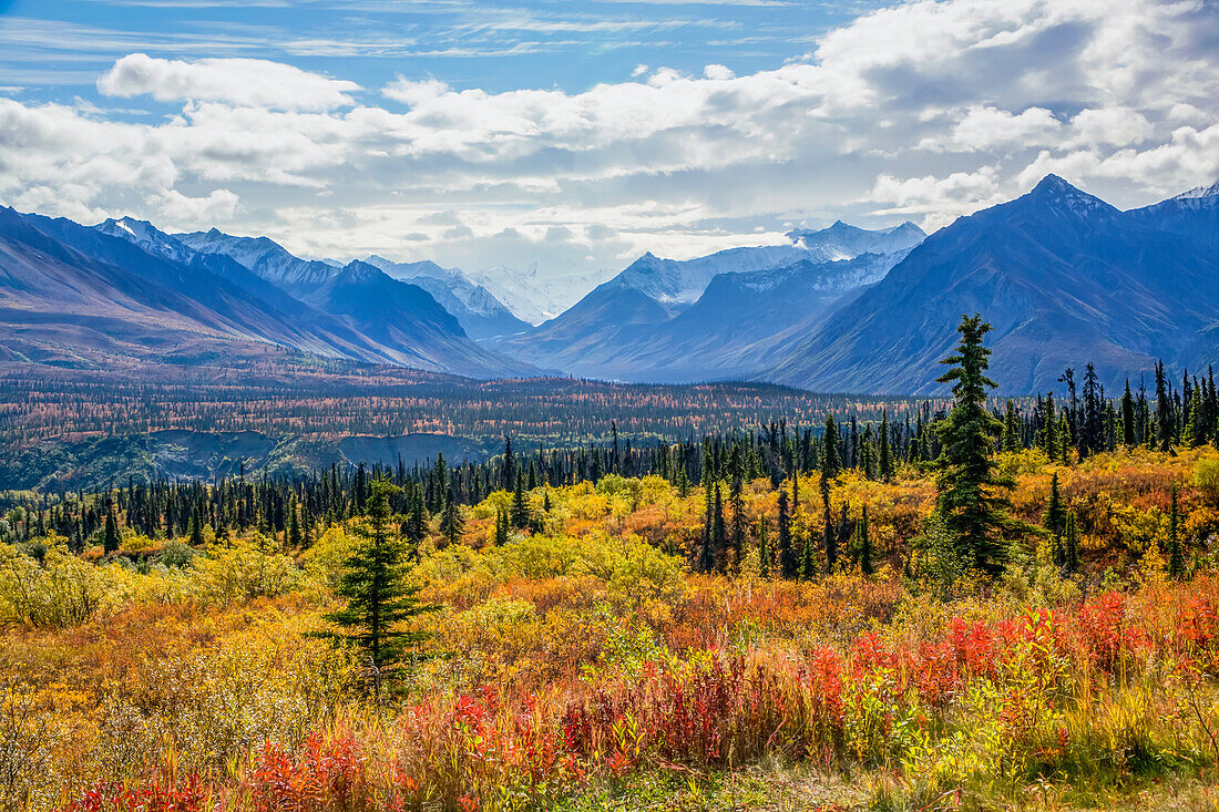 The Chugach Mountains in autumn colours with a glacier in the background; Alaska, United States of America