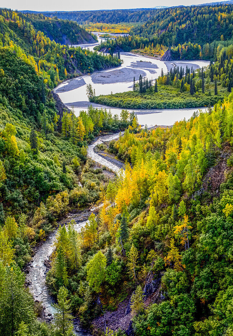 Hurricane Gulch is 296 feet above Hurricane Creek. This image was taken from the Hurricane Train, which stops on the railroad bridge and allows passengers to take images from the luggage car; Alaska, United States of America