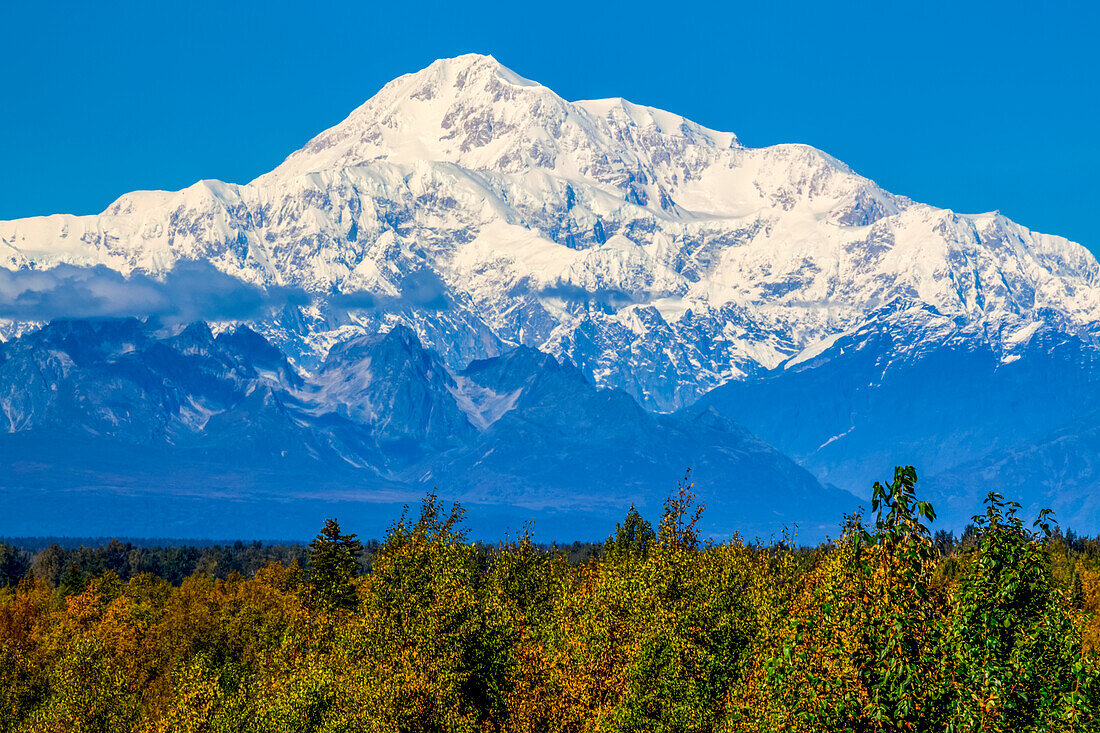 Mount Denali, der höchste Berg Nordamerikas, aufgenommen in der Nähe von Talkeetna; Alaska, Vereinigte Staaten von Amerika