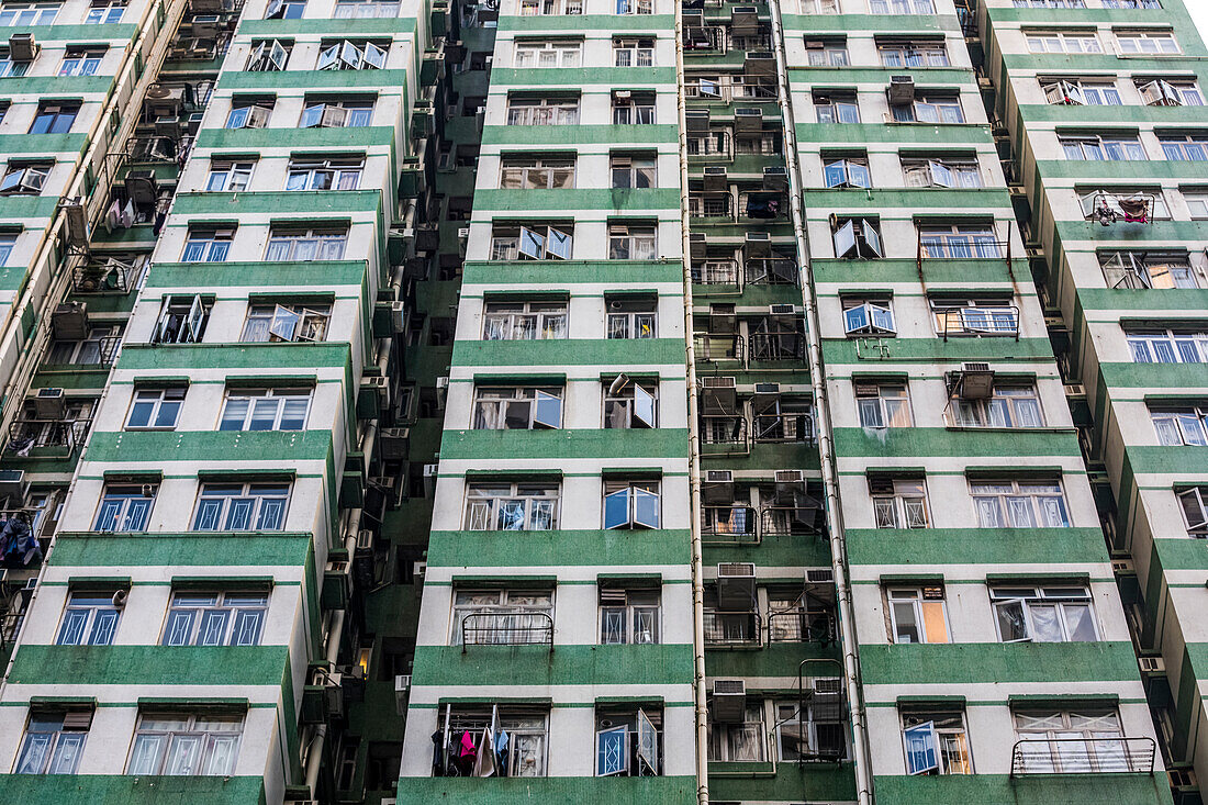 Detail of high-rise apartment buildings; Hong Kong, China