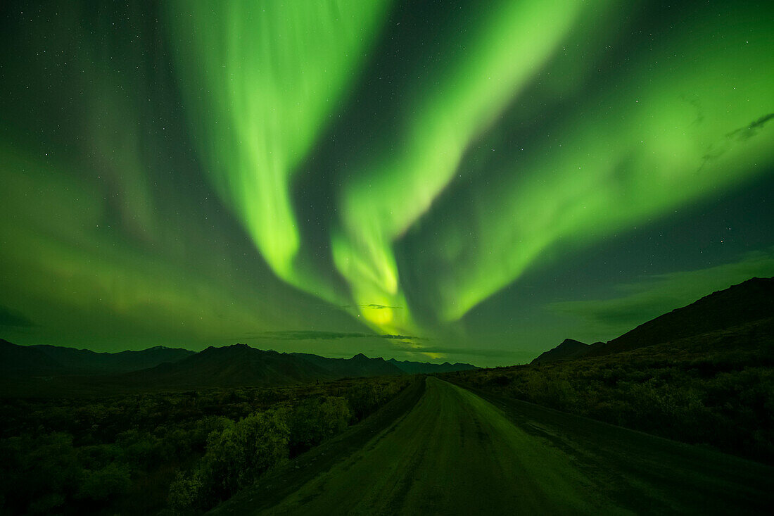 Aurora Borealis oder Nordlichter erhellen den Nachthimmel über dem Dempster Highway; Yukon, Kanada