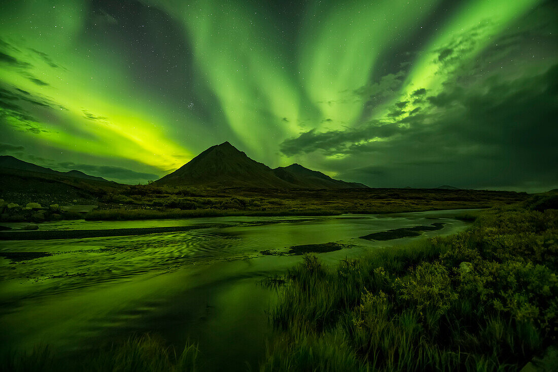 Aurora Borealis, or Northern Lights, light up the Yukon night skies along the Dempster Highway; Yukon, Canada