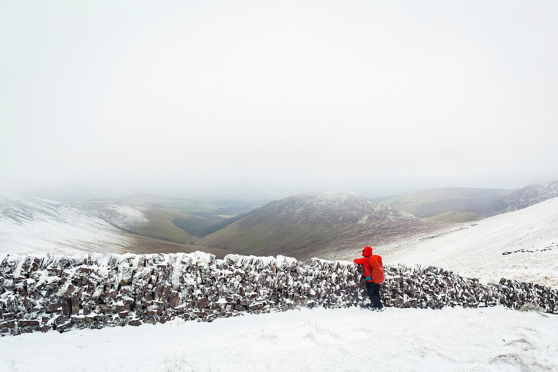 Female hiker looking out over an old stone wall on top of the Galty Mountains in winter in cloudy, foggy weather; County Tipperary, Ireland