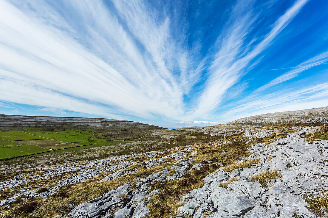 Karstkalksteinlandschaft des Burren an einem klaren Sommertag mit blauem Himmel, Burren-Nationalpark; County Clare, Irland
