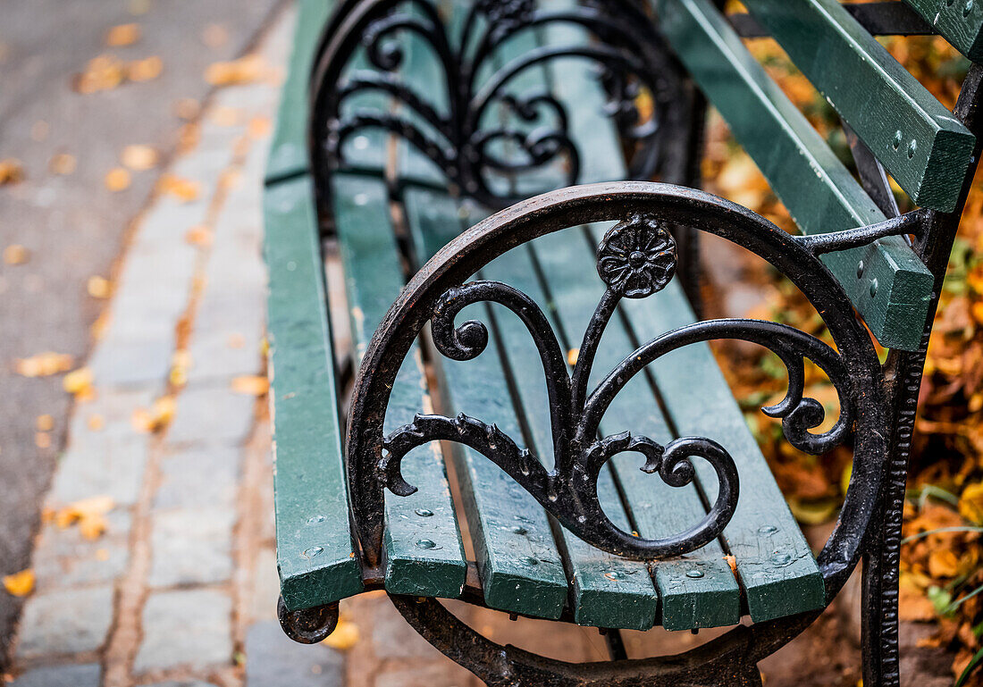 Decorative features on the arm rest of a park bench in Central Park, Manhattan; New York City, New York, United States of America