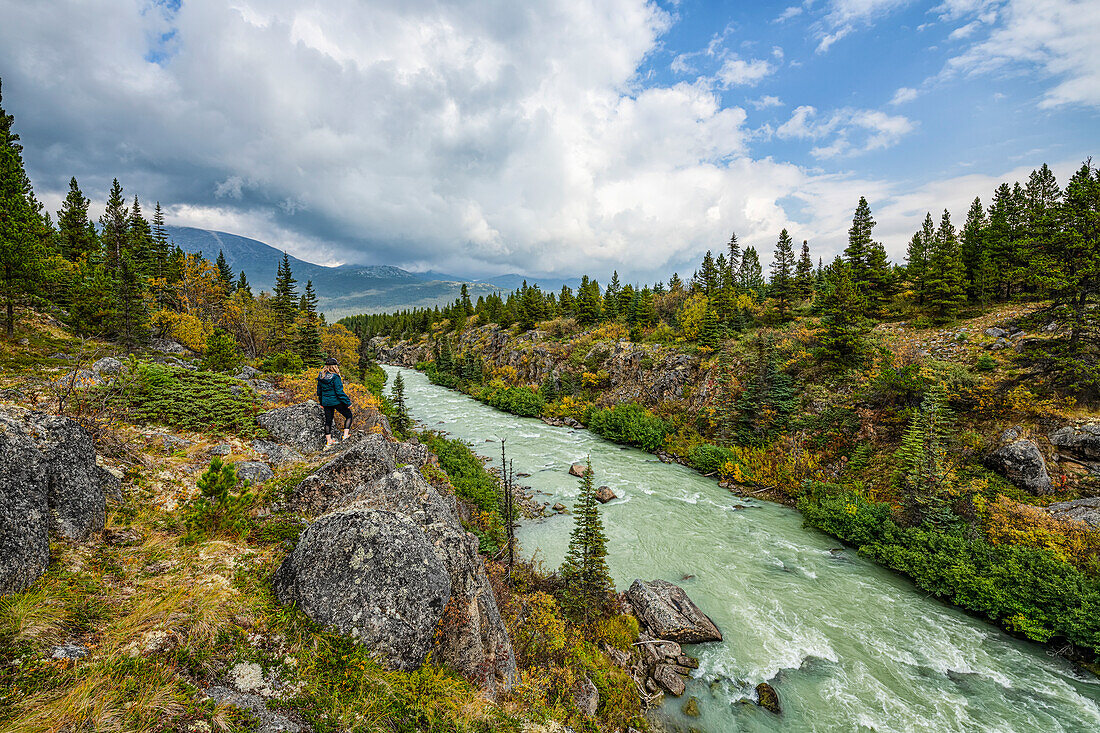 A woman stands overlooking the Tutshi River near the Yukon/British Columbia border; Yukon, Canada