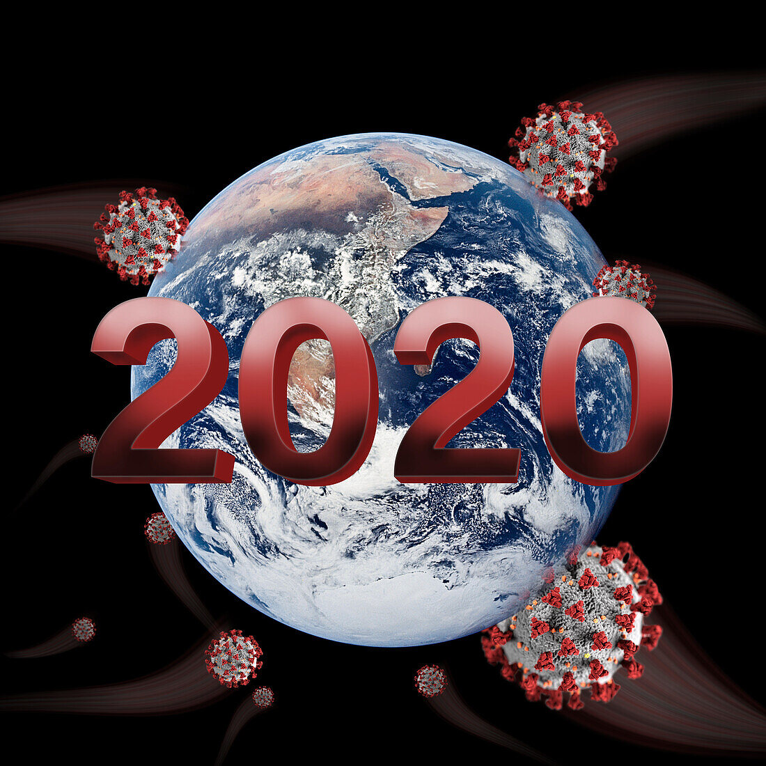 Coronavirus (Covid-19), das sich über die Erde ausbreitet, auf schwarzem Hintergrund mit dem Aufdruck 2020