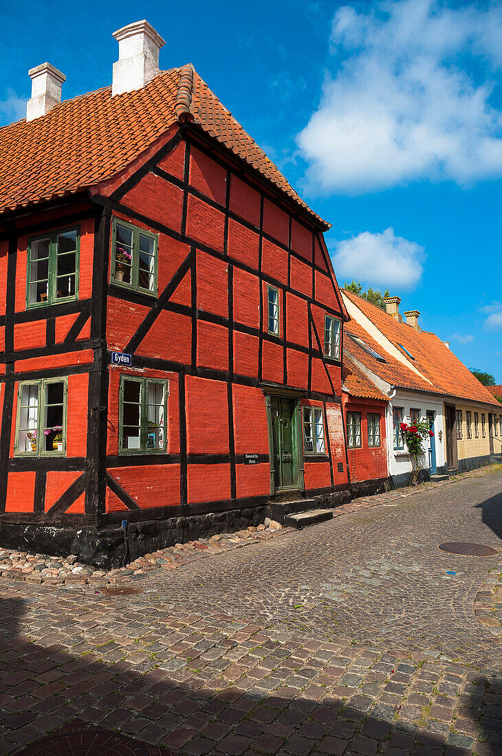 Typical painted houses and Cobblestone Street, Aeroskobing Village, Aero Island, Jutland Peninsula, Region Syddanmark, Denmark, Europe