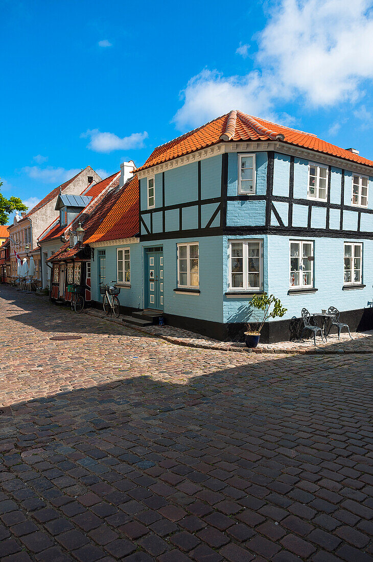 Typical painted houses and Cobblestone Street, Aeroskobing Village, Aero Island, Jutland Peninsula, Region Syddanmark, Denmark, Europe