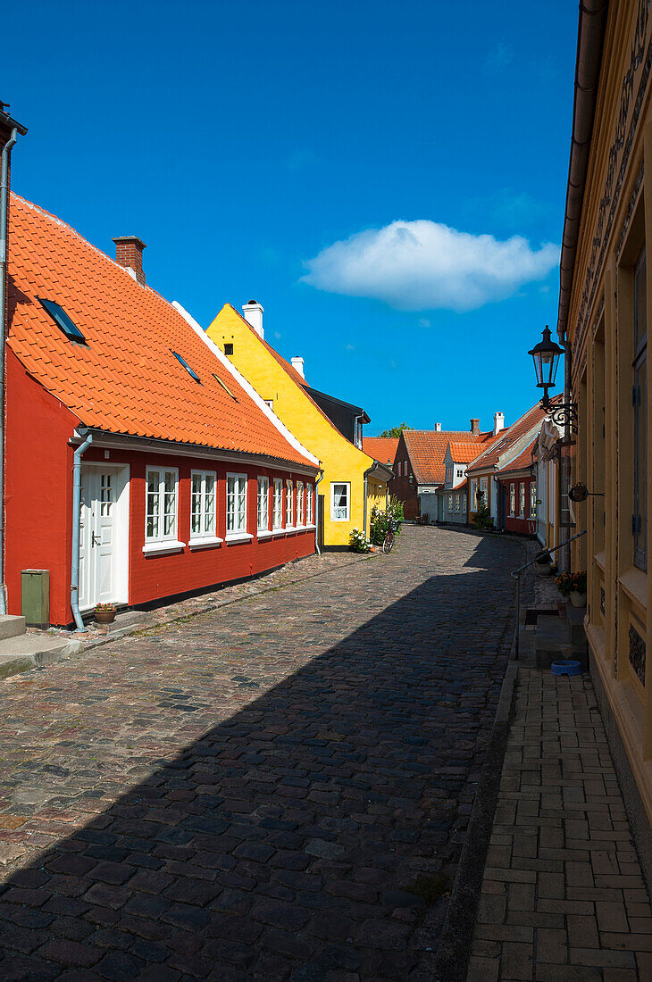 Typical painted houses and Cobblestone Street, Aeroskobing Village, Aero Island, Jutland Peninsula, Region Syddanmark, Denmark, Europe