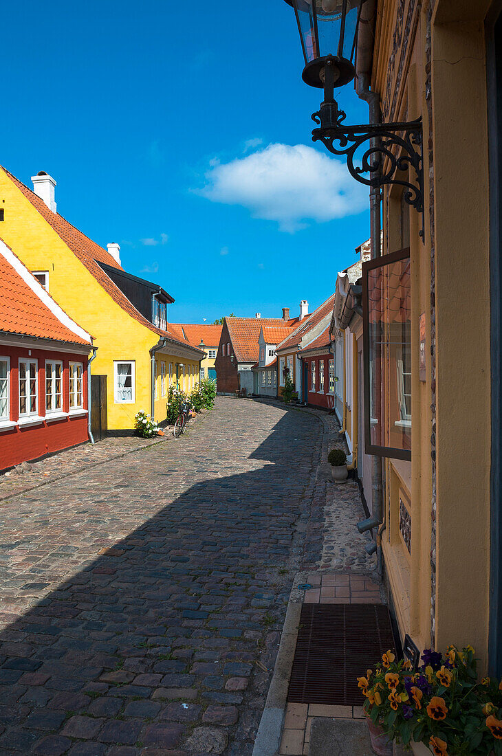 Typical painted houses and Cobblestone Street, Aeroskobing Village, Aero Island, Jutland Peninsula, Region Syddanmark, Denmark, Europe