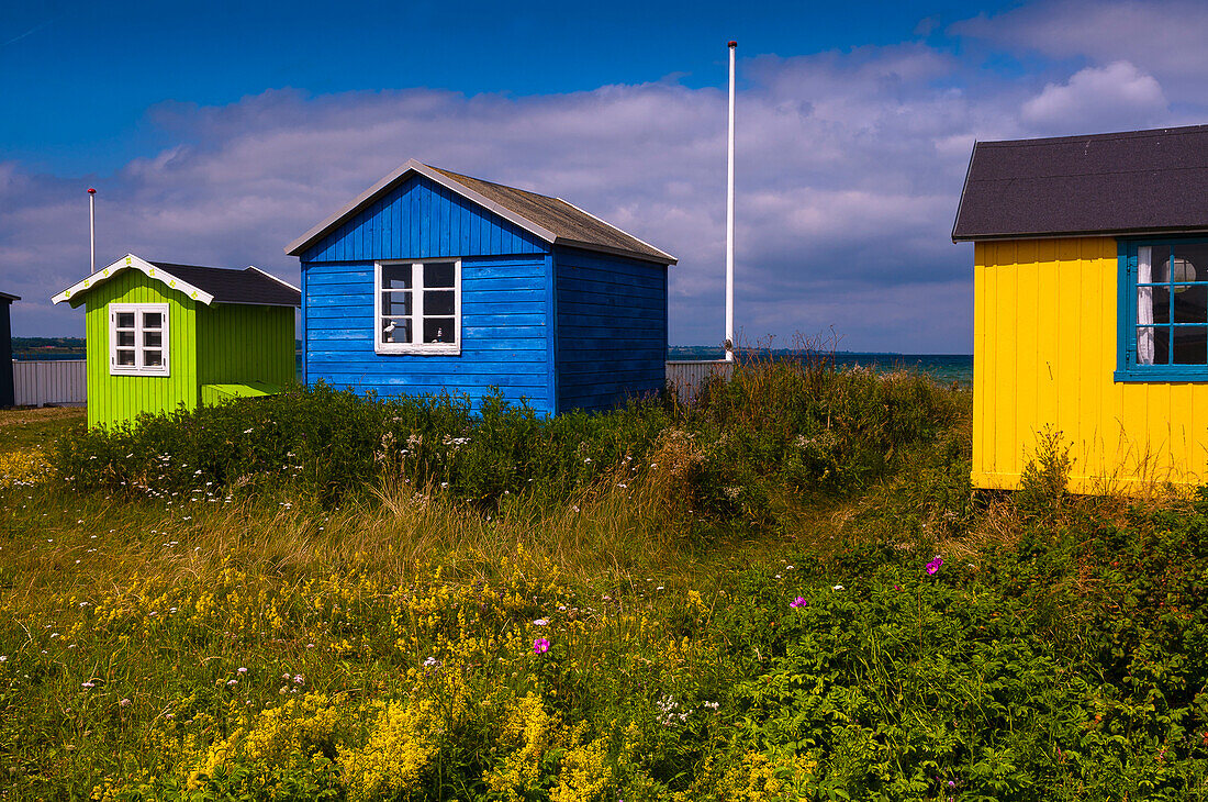 Field and Beach Huts, Aeroskobing, Aero Island, Jutland Peninsula, Region Syddanmark, Denmark, Europe