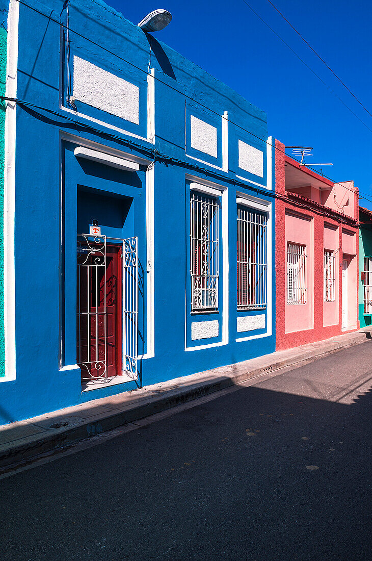 Colorful buildings, street scene, Sanctis Spiritus, Cuba, West Indies, Caribbean