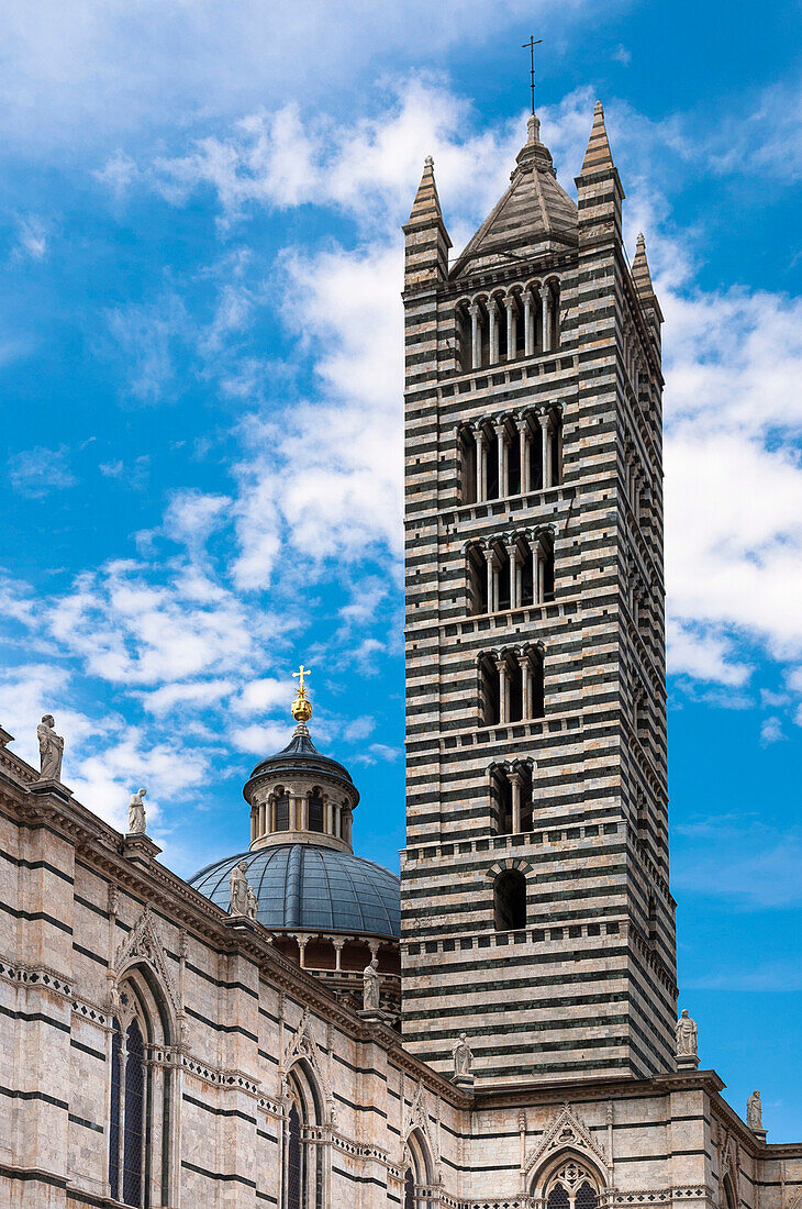 Close-up of tower at Duomo di Siena, Province of Siena, Siena, Tuscany, Italy