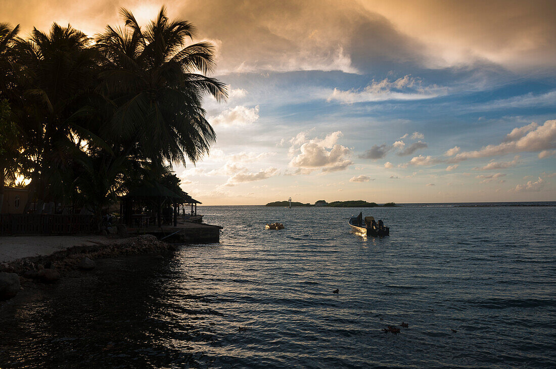 Boat on Water at Sunset, South West Coast of Aruba, Lesser Antilles, Caribbean