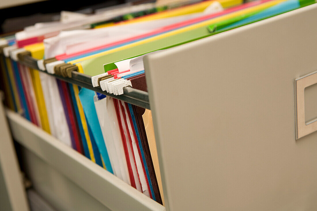 Close-up of Files in Filing Cabinet