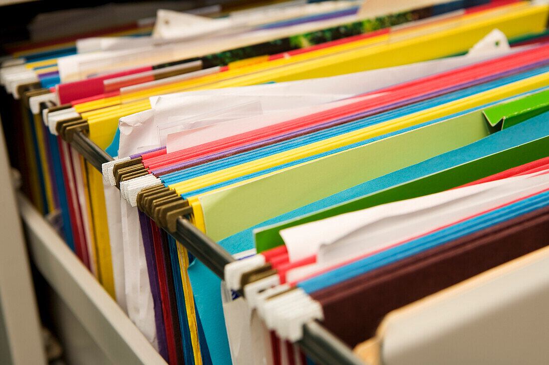 Close-up of Files in Filing Cabinet