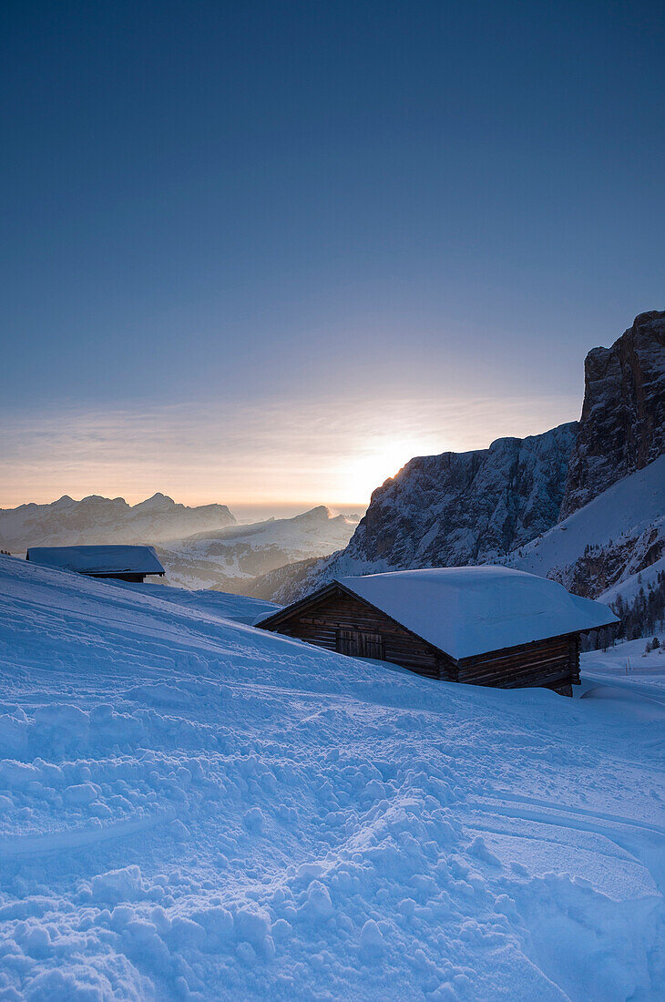 Mountain hut, Passo Gardena and Sella Group, Val Gardena, Bolzano District, Trentino Alto Adige, Dolomites, Italy