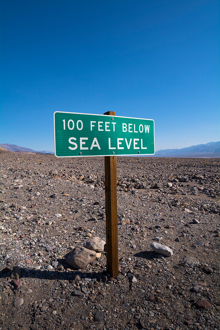 100 Feet Below Sea Level Sign, Death Valley National Park, California, USA