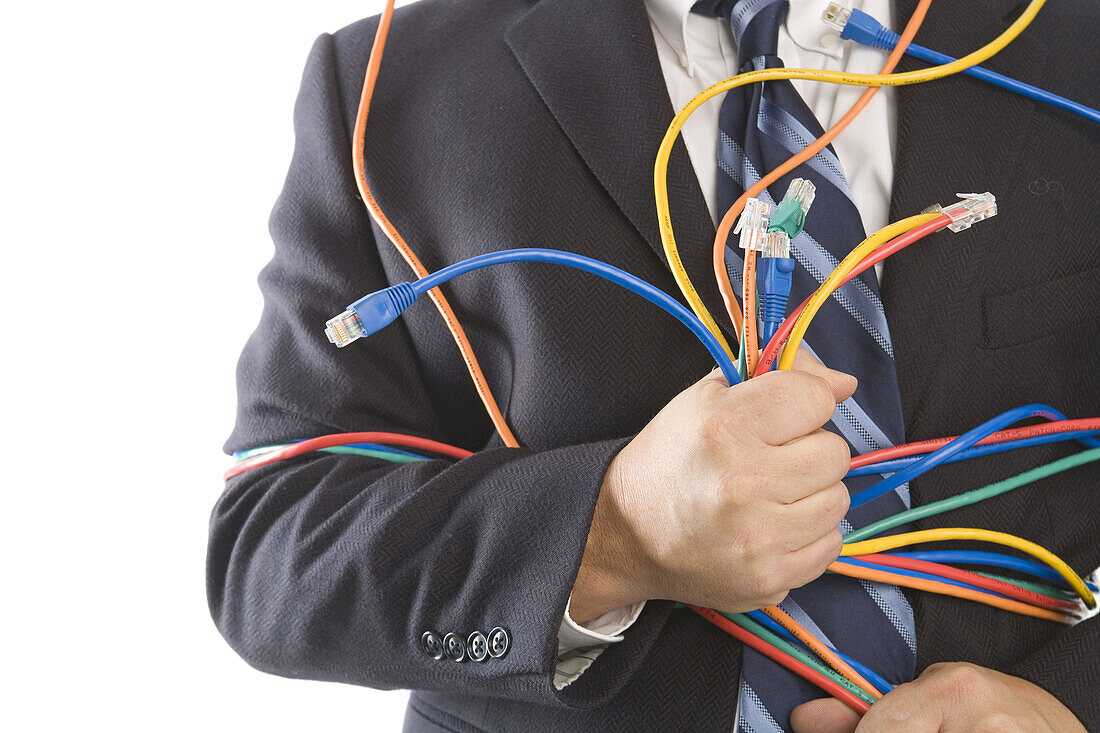 Close-up of Businessman Holding CAT5 Cables