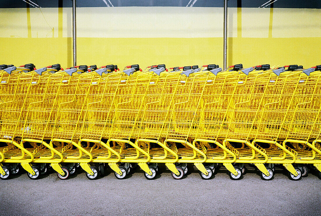 Reihe von gelben Einkaufswagen